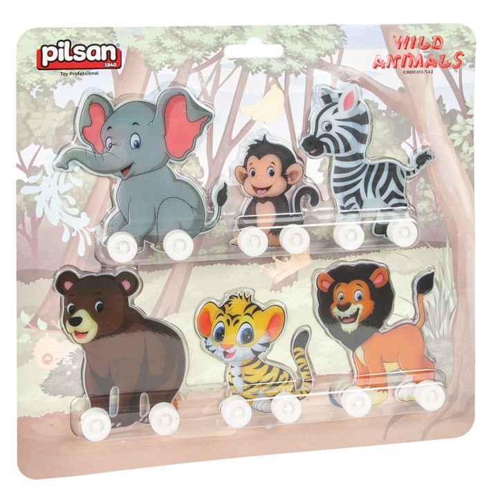 Jucărie interactivă, Pilsan, animale sălbatice cu roți, multicolor, 31x35.5x6cm, 2 ani