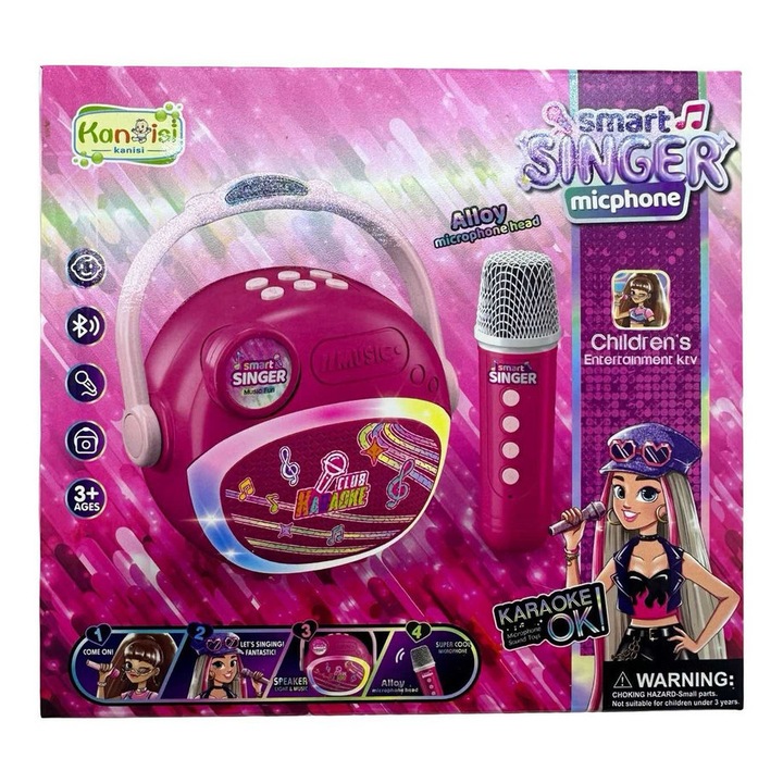 Set Karaoke Smart Singer cu Microfon si Boxa Portabila, Roz