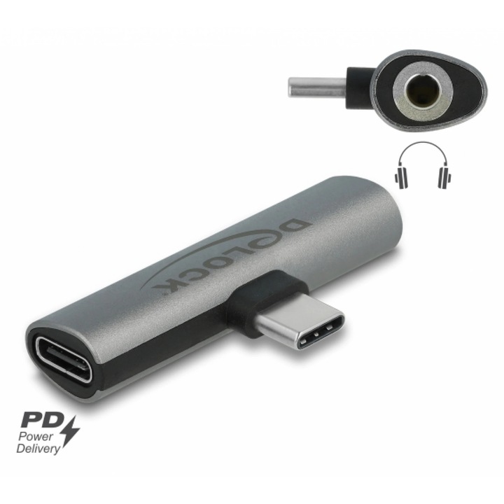 Adaptor audio USB type C la jack stereo 3.5mm + USB-C PD 60W T-M, Delock 64186