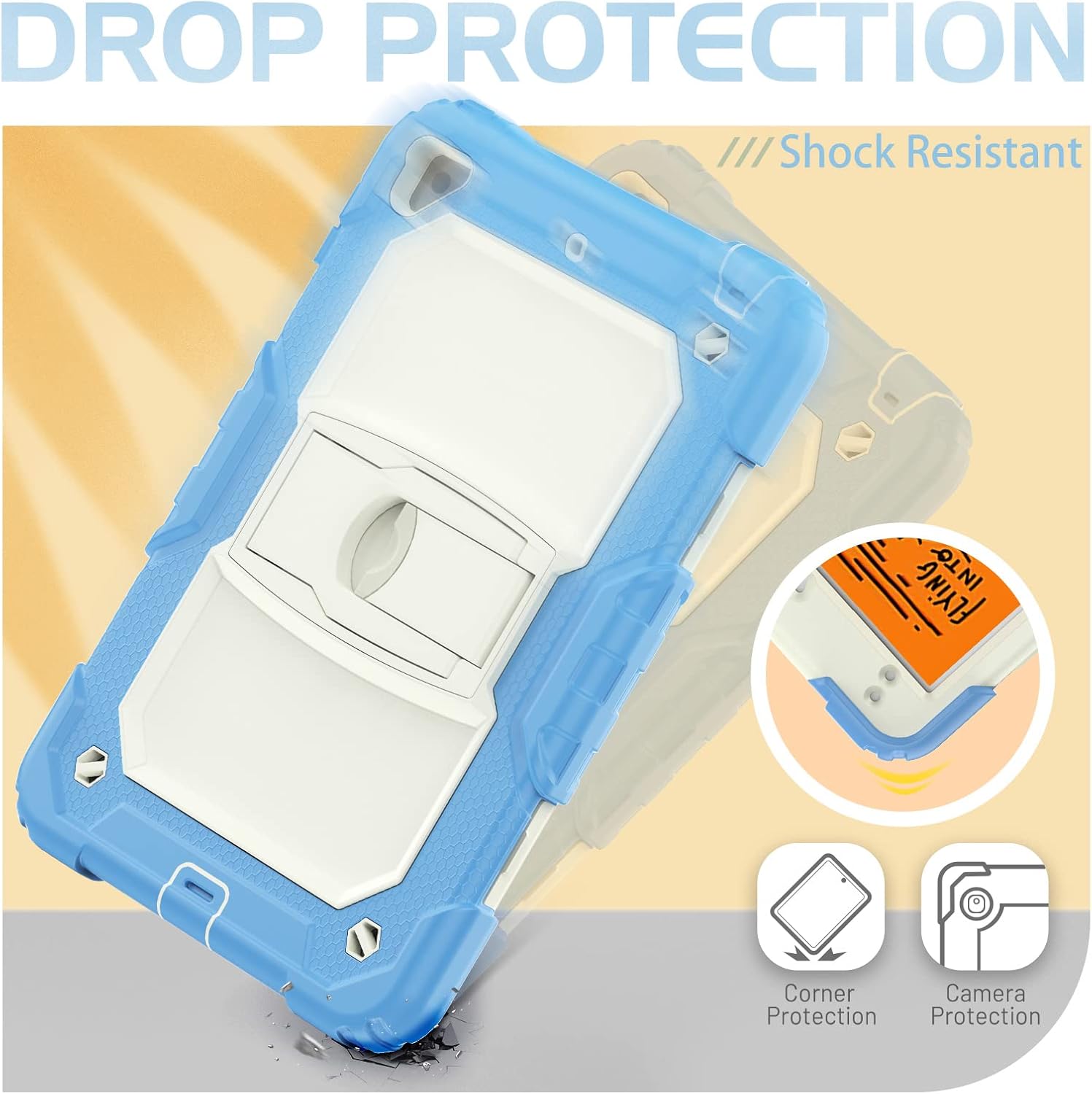 Husa Sigloo pentru iPad 9.7" (iPad 5/6, Air 2, Pro 9.7) – 3 Straturi Protectie, Suport Integrat, Ecran Protejat, Antisoc –Albastru cu Crem