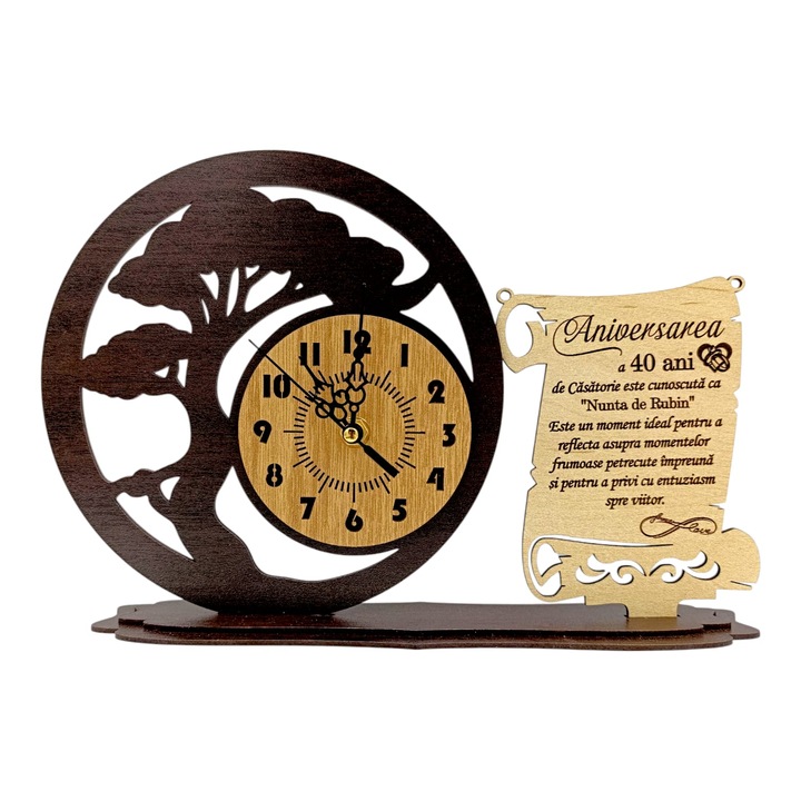 Ceas decorativ Bonsai din lemn pentru Nunta de Rubin, 30x20 cm, Cadou personalizat cu mesaj gravat