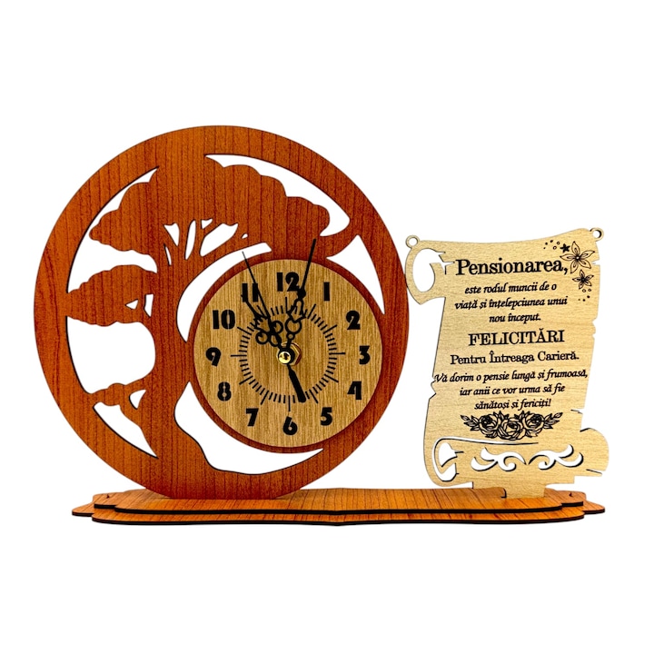 Ceas decorativ Bonsai din lemn pentru Pensionari, 30x20 cm, Cadou personalizat cu mesaj gravat, cires