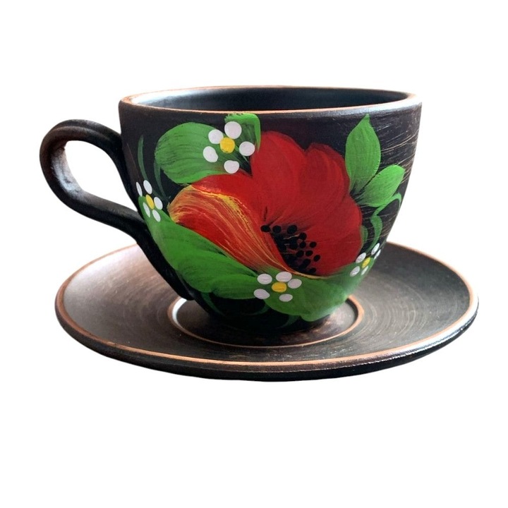 Set Ceasca Lut Rosu Pictata Model Floral, 200 ml, cu Farfurioara