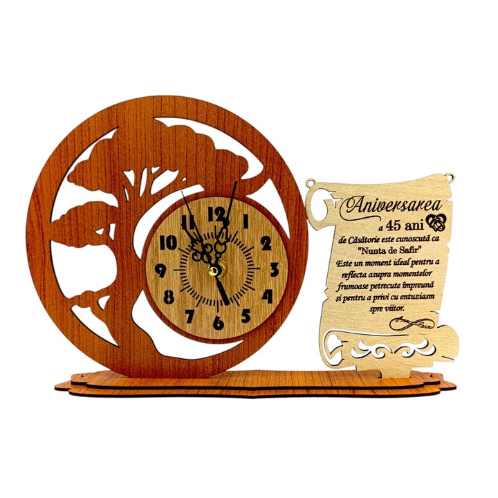 Ceas decorativ Bonsai din lemn pentru Nunta de Safir, 30x20 cm, Cadou personalizat cu mesaj gravat, cires