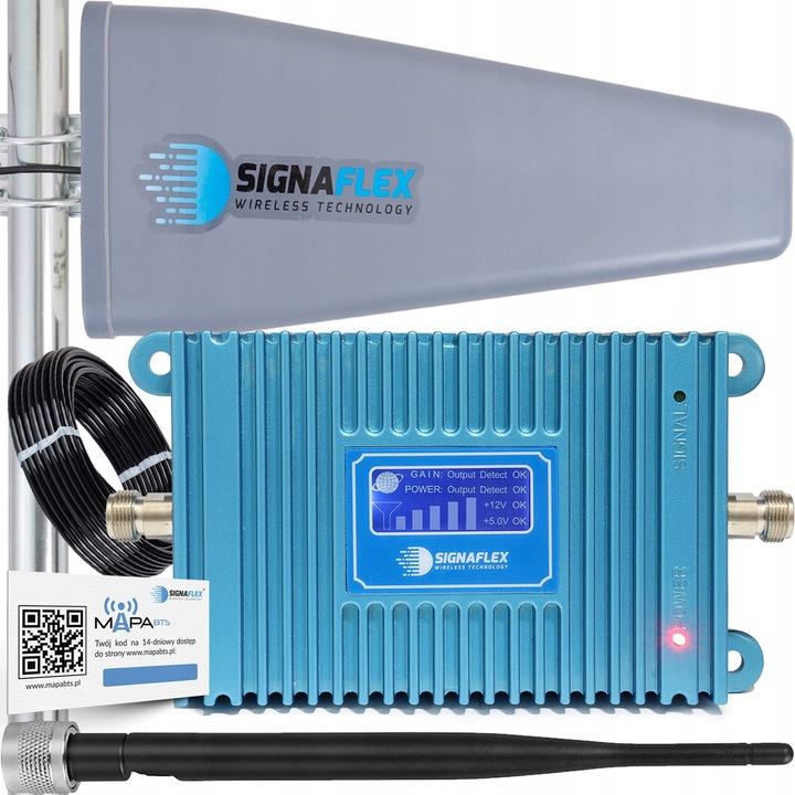 Set amplificator semnal SIGNAFLEX, GSM Blue LCD cu antena directionala T2 23 dBi si antena interna bat, 10m cablu, albastru