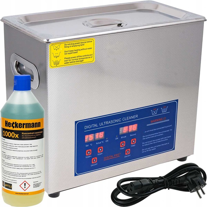 Heckermann 6,5L, 480W ultrahangos tisztító, fűtési funkcióval, 33x18x27cm méretű, 1L tisztítóoldattal