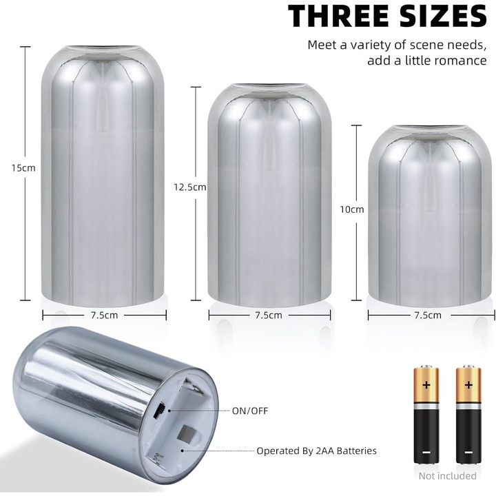 Set 3 lumânări LED, Delpi, argintii, control de la distanță, efect flacără, funcționează pe baterii