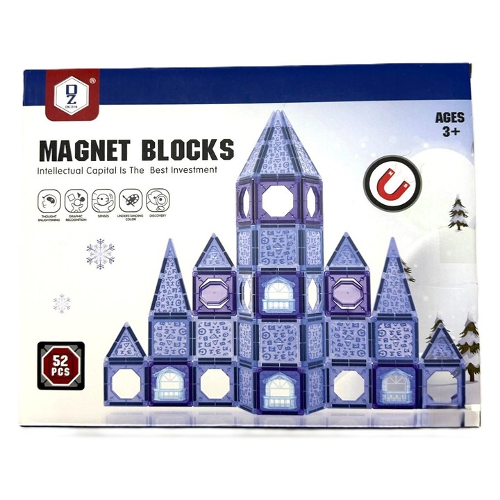 Set de Constructie Magnetic, GHEMOTOC®, 3D, jucarii educationale, Elemente Magnetice, diferite variante de asamblare, 52 Piese, albastru -gheata, 3 ani