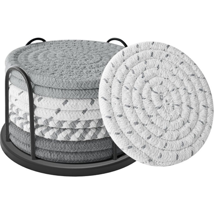 8 db-os Ronyes pamut poháralátét szett, szürke, 11 cm átmérőjű