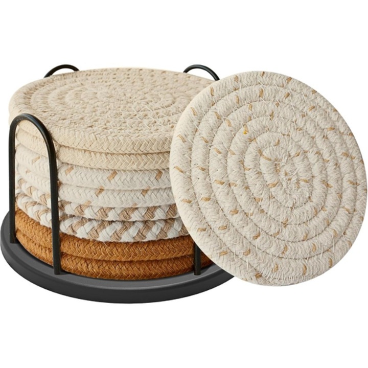 Ronyes 8 darabos italtartó készlet, pamut, kávébarna, 11 cm, tartóval