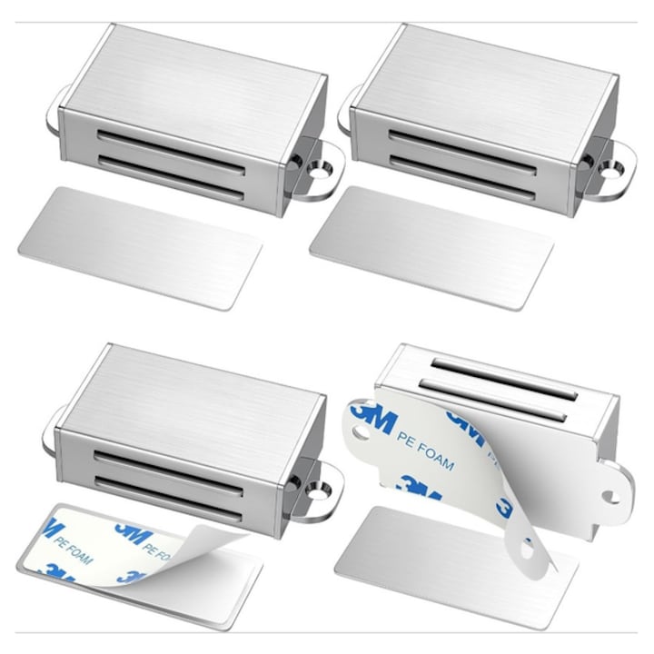 Set de 4 cleme magnetice pentru usi de dulap, instalare fara suruburi, robuste si durabile, finisaj neted, constructie din otel inoxidabil, argintiu, 2,5 × 5,75 × 1,25 cm