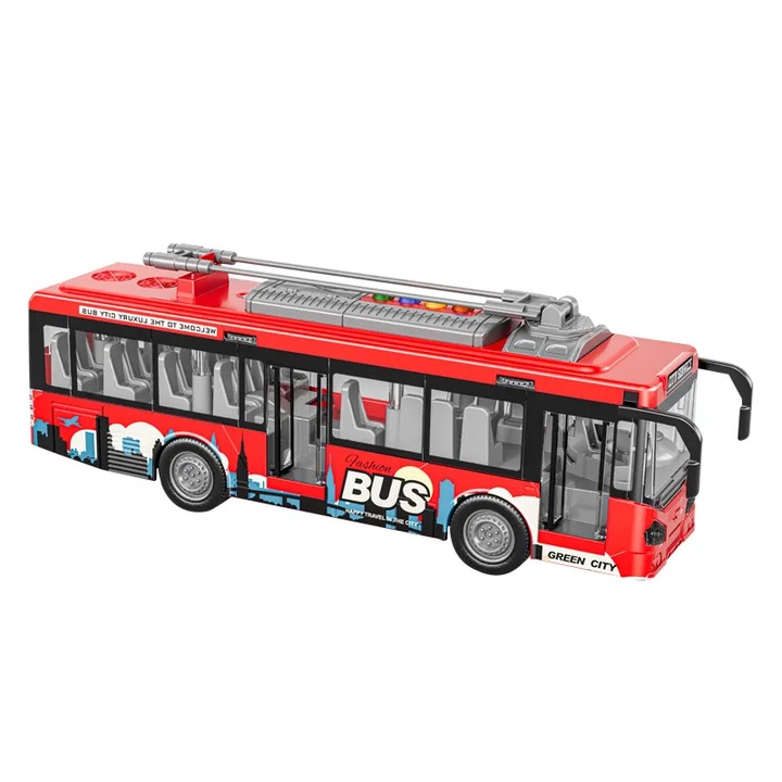 Пътнически Автобус Играчка За Деца, KidProtect® City Joy Bus, Със Звуци и Светлини, Тип Тролейбус, Функционални Пътнически Врати, Мащаб 1:16, Супер Реалистичен, 28.5 см, Червен