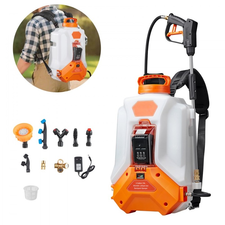 Pulverizator tip rucsac, capacitate 16 litri, presiune 0-90 PSI, autonomie 4 ore, cu baterii, ideal pentru gazon si plante