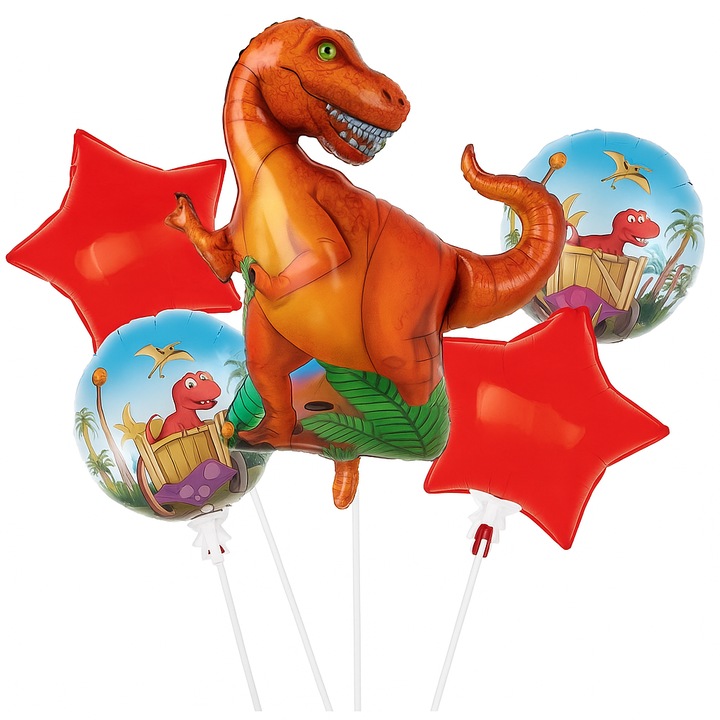 Комплект 5 балона модел динозаври, Zola, T-Rex, различни размери, червен