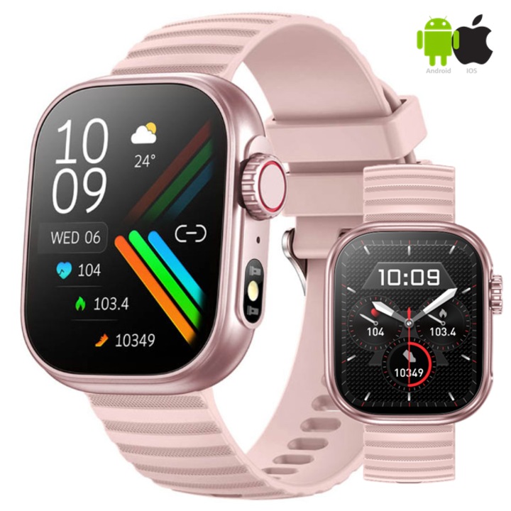 ZENARK® Z9 LITE SmartWatch óra, UHD IPS kijelző, Zseblámpa, Alvásfigyelés, Légzés, Vérnyomás, Testhőmérséklet, Pulzusszám, Oxigéntelítettség, Híváskezdeményezés/fogadás, E-mail, WhatsApp, Facebook értesítések, 100+ sportmód, Rózsaszín