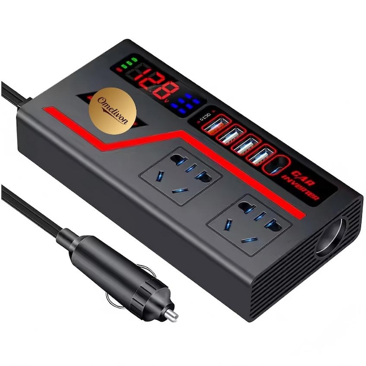 Инвертор на напрежение за кола, 12v/24v към 220v, 2xАдаптер щепсел EU/UK/USA/AU, 3xUSB, Черен/Червен
