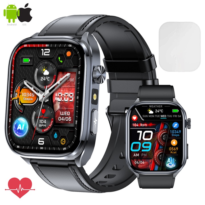 ZENARK® MEDX 13 PRO SmartWatch okosóra, Ultra 4K IPS kijelző, 2 szíj, Vércukorszint-monitorozás, EKG, Pulzusszám, Alvás, Vér oxigénszint, Testhőmérséklet, Vérnyomás, Légzés, Húgysav, WhatsApp értesítések, E-mail, Több sportág, Fekete