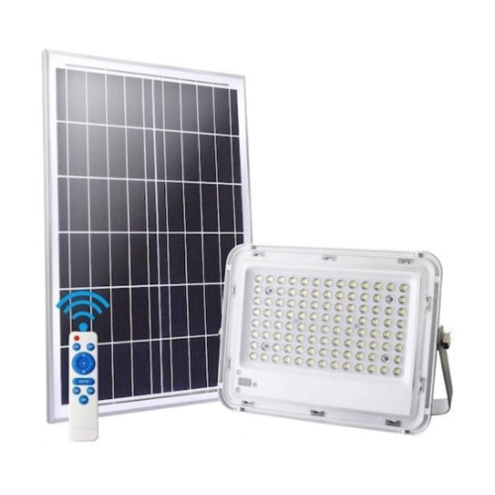 Proiector cu panou solar stradal cu lupa 100W Pexor 6LED Clasa A, Control inteligent Wireless, Telecomanda si Suport inclus, Alb