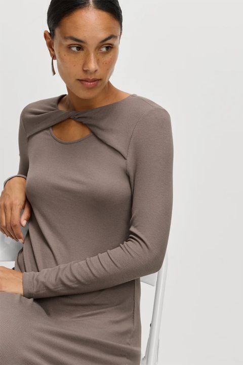 Marks & Spencer, Rochie midi striata cu maneci lungi si decolteu rasucit, Maro taupe, 8