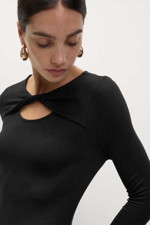 Marks & Spencer, Rochie midi striata cu maneci lungi si decolteu rasucit, Negru