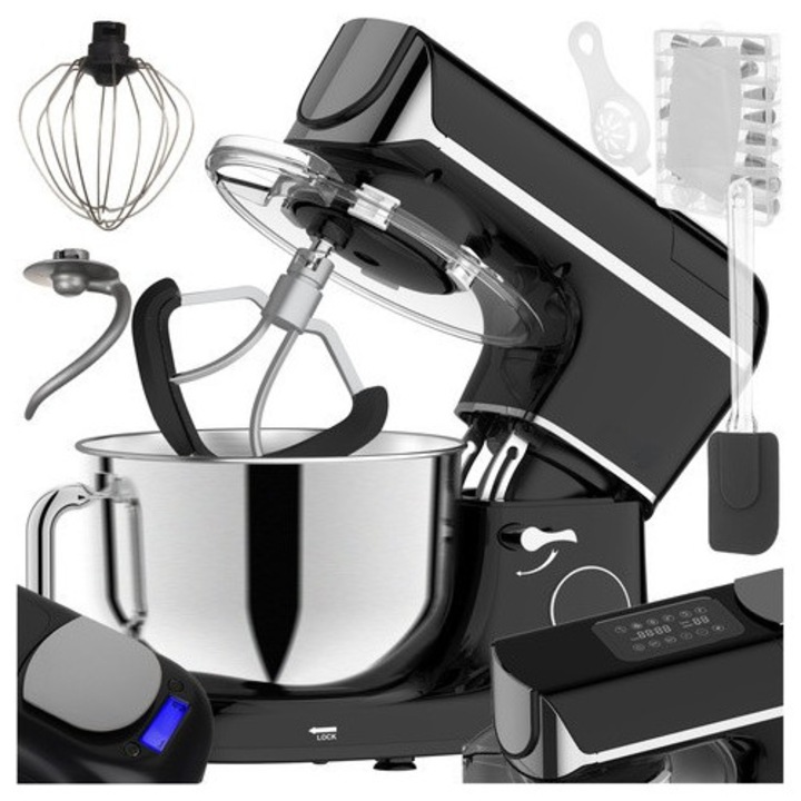 Миксер с нагреваема купа от неръждаема стомана 5.5 л и кантар, Zola, 2200 W, 3 аксесоара, 11 скорости, регулируема температура 25-45 °C, тъч контрол, таймер, защита на купата, рецепти, черен/сребрист