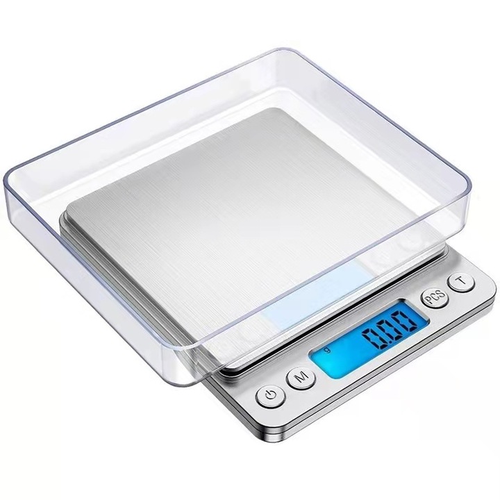 Cantar De Bijuterii cu ecran LCD, KOTYS®, cu precizia de 0.01g, Cu Afisaj Digital, Functie TARE, Resetare manuala, timp de oprire automata, 6 unitati de masura, 500 g greutate maxima cantarita, include 2 baterii AAA de 1, 5V, Argintiu