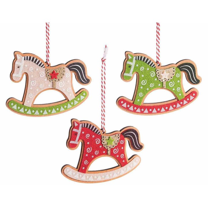 Комплект 18 коледни орнамента за елха, дървени кончета, многоцветни, 11 x 9 см В