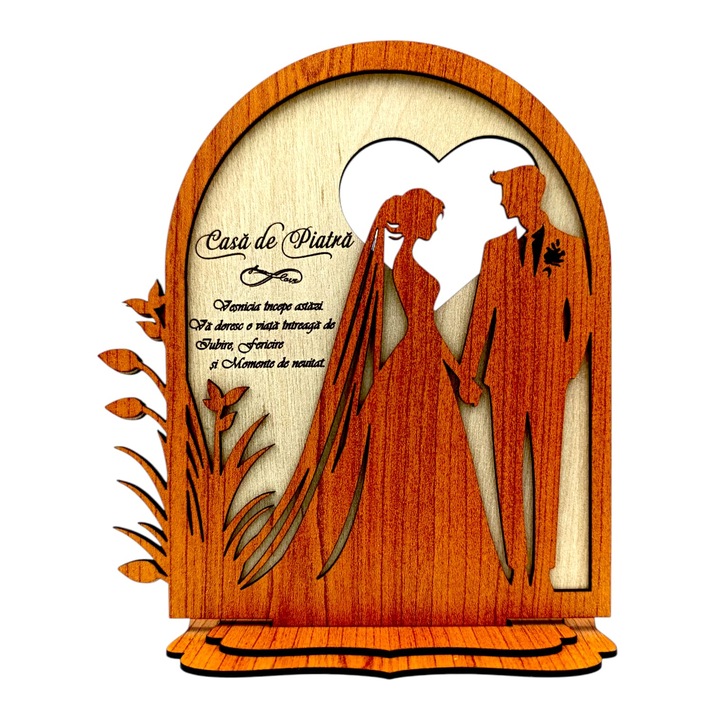 Decoratiune din lemn pentru nunta – Silueta miri si mesaj „Vesnicia incepe...”, 21x18 cm | Cadou simbolic, cires