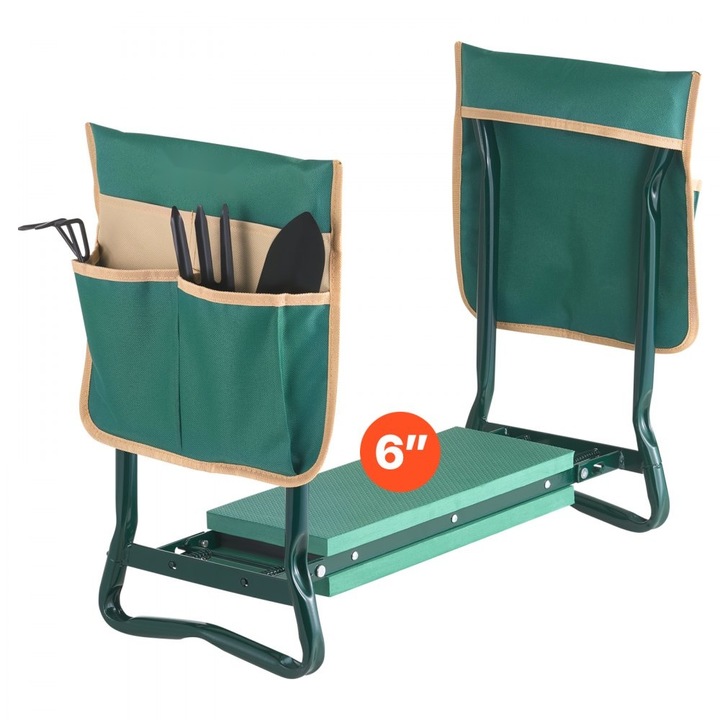 Опора за колене за градинарство, ширина 15 см, капацитет 150 кг, многофункционална, със стойка за инструменти, зелена