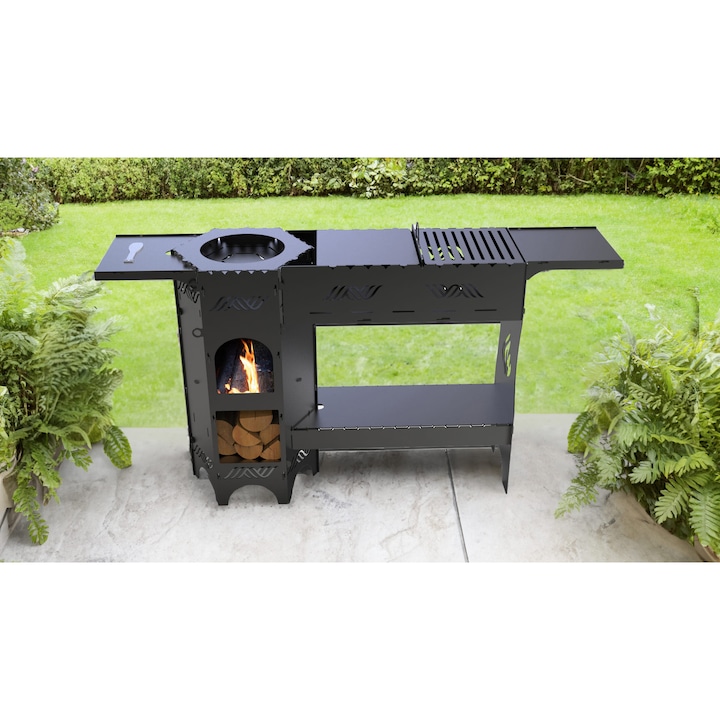 Мултифункционално барбекю с поставка за казан, метал 3мм, матово черно, 1503x375x801мм