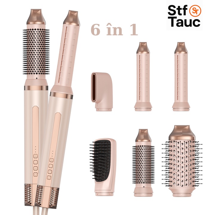 Електрическа четка StfTauc, Комплект за оформяне 6 в 1, 1400W, 3 скорости и 3 температурни степени, 200 милиона отрицателни йони, Функция за моментален студен въздух, Сешоар с накрайник за изглаждане, 2 приставки за къдрене с автоматично абсорбиране