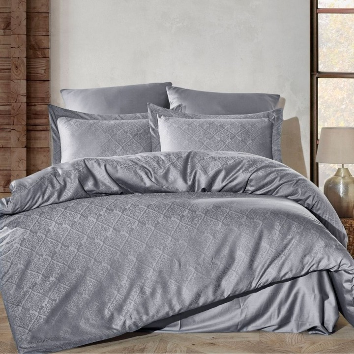 Dupla ágynemű garnitúra, jacquard, luxus szatén, 6 részes, 240x260 cm, Saheser, Harley Sötétszürke