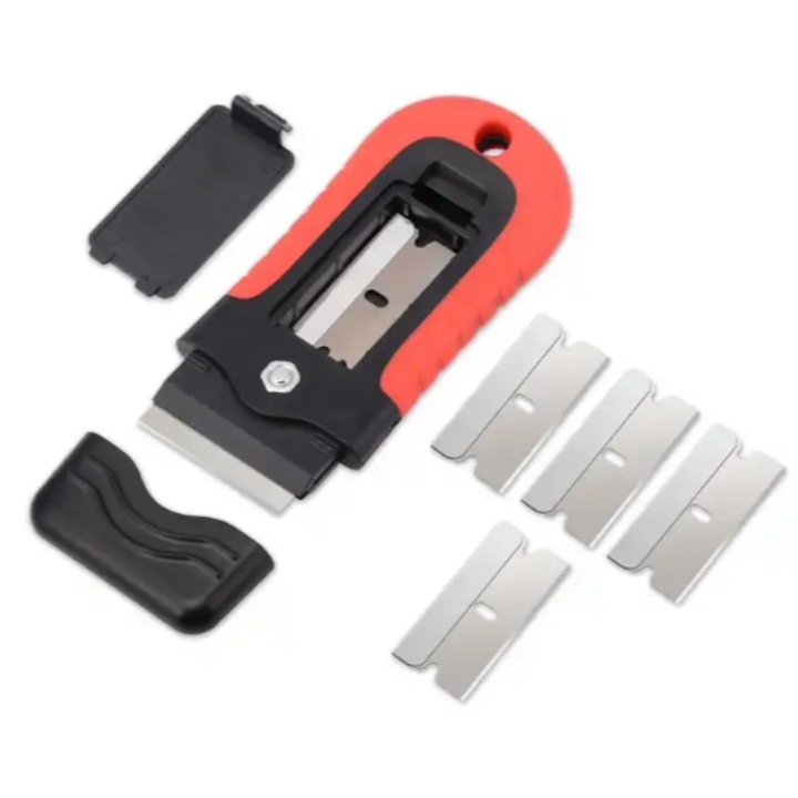 Ablakkaparó, autófólia szereléshez, öt pótbetéttel, piros, fekete