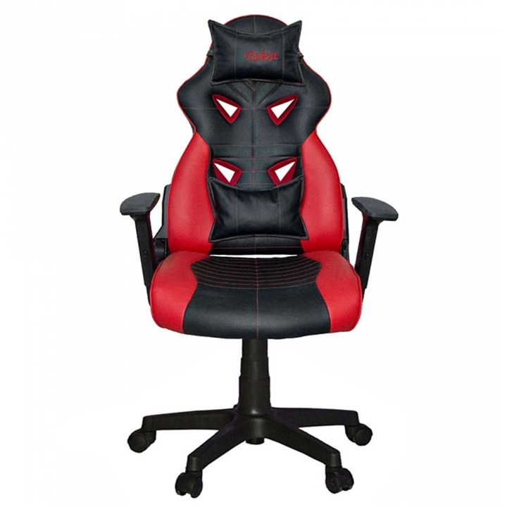 Scaun gaming cu suport gat si lombar Atacant, rotativ, piele ecologica, negru cu rosu