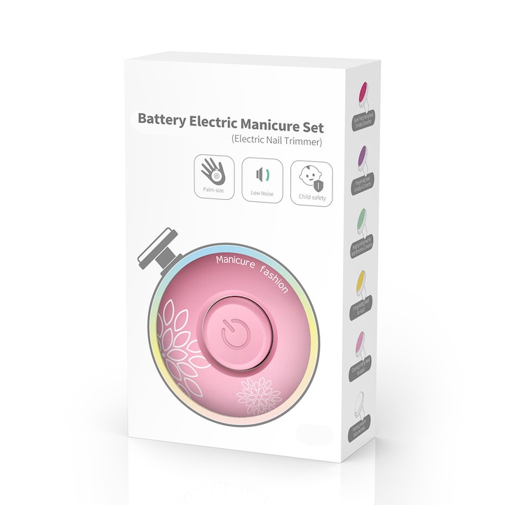 Set Pila Electrica de Unghii cu 6 capete de schimb, pentru Nou Nascuti, Bebelusi si Copii, Foarte Sigura, PriStyle, Nedureroasa, Culori Pastelate, Roz deschis
