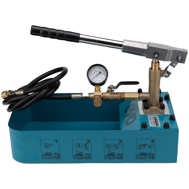 Pompa manuala de testare a presiunii Evotools 659026, 7 l volum cuva, 50 bar presiune maxima, 16 ml/cursa capacitate pompare, 1.8 m lungime furtun