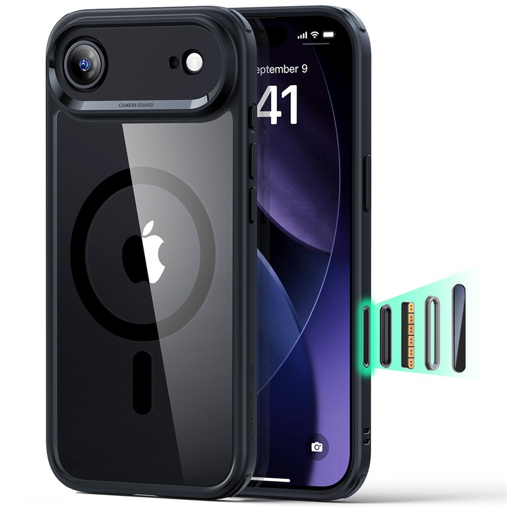 Husa de protectie MagSafe Anti-soc pentru Apple iPhone 17 Air, Policarbonat, Acrylic Back, TPU, Clear-Black