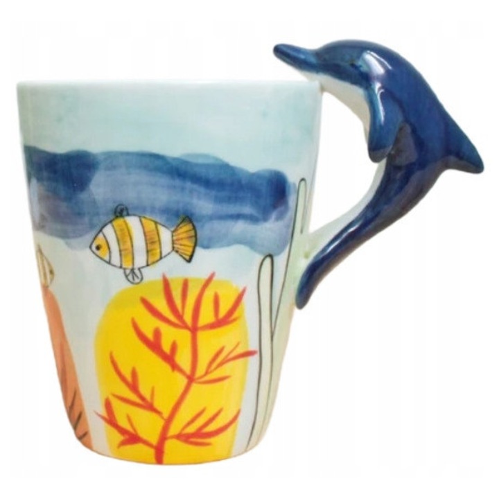 Cana ceramica, fara marca, 3D, 300 ml, pentru cafea si ceai, cadou, delfin, setul contine: 1 bucata, ceramica, nu se poate spala in masina de spalat vase, nu se poate spala in cuptorul cu microunde