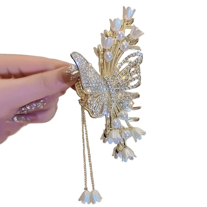 Hajcsat, JALWO, pillangó motívum, fém, arany / fehér