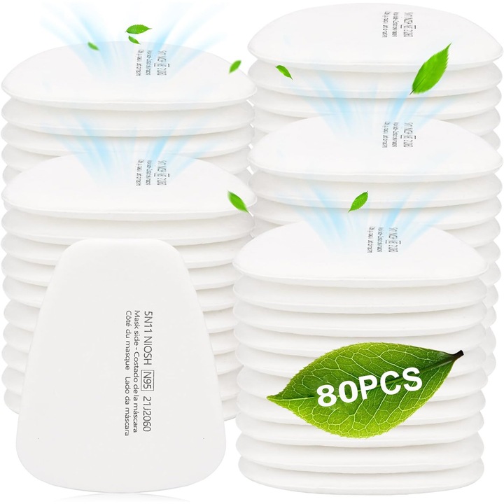 5N11CN Filtru Pentru respirator Masca de protectie, Set 80 bucati, Compatibil masti 6200/6502/7502/6800/FF402, 8.5 cmx10.5 cm, Alb