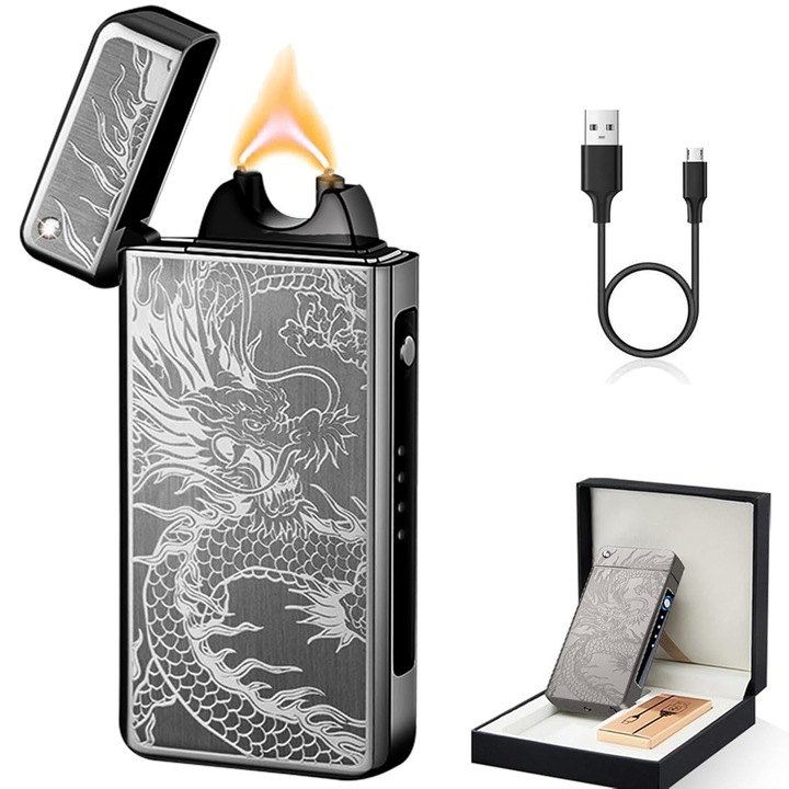 Bricheta electrica Ydene®, USB reincarcabila, Arc plasma rezistent la vant, Cu indicator baterie, 300mAh, Design dragon negru zincat, 8.3x3.8x1.2cm, Cadou pentru barbati si femei