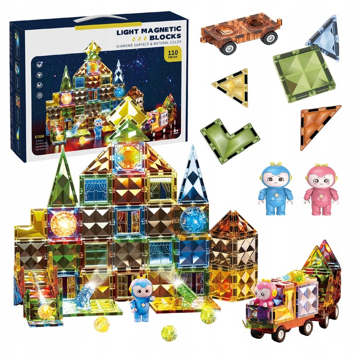 Caramizi magnetice educationale luminoase pentru copii, masini, figurine, set 110 buc