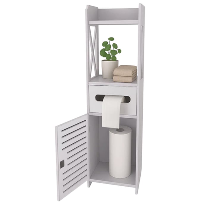 Dulap baie, suport hartie igienica si usa perforata, inchidere cu cheie, 80x21x20 cm, material WPC si ABS, culoare Alb