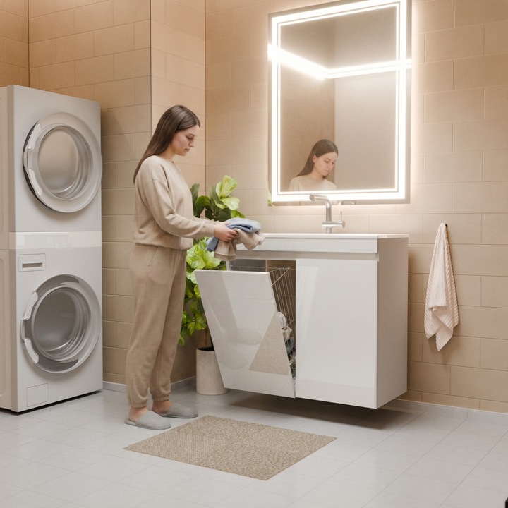 Mobilier De Baie Cu Chiuveta Si Cos De Rufe, Paplinskimoebel, Ribera 80, Alb, Cos De Rufe Cu Maner Metalic, Manopera De Inalta Calitate, Picioare Reglabile, Inchidere Silentioasa, 80 Cm X 87 Cm X 40 Cm