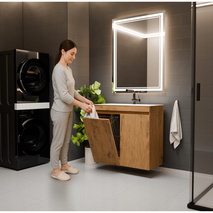 Mobilier De Baie Cu Chiuveta Si Cos De Rufe, Paplinskimoebel, Ribera 80, Stejar Lancelot, Cos De Rufe Cu Maner Metalic, Manopera De Inalta Calitate, Picioare Reglabile, Inchidere Silentioasa, 80 Cm X 87 Cm X 40 Cm