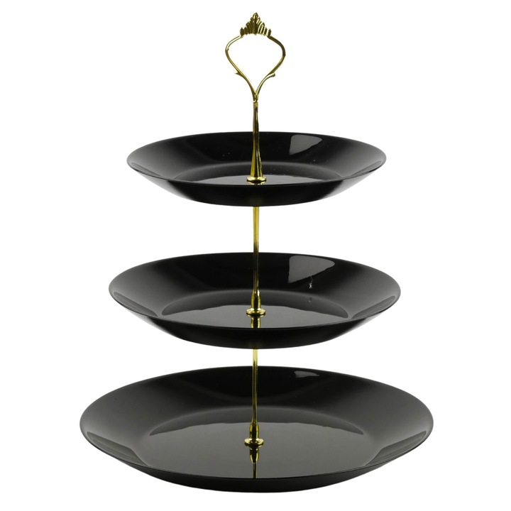 Tava de servire, Festa Italia, 3 niveluri, neagră cu accente aurii, diametru platou inferior 26cm