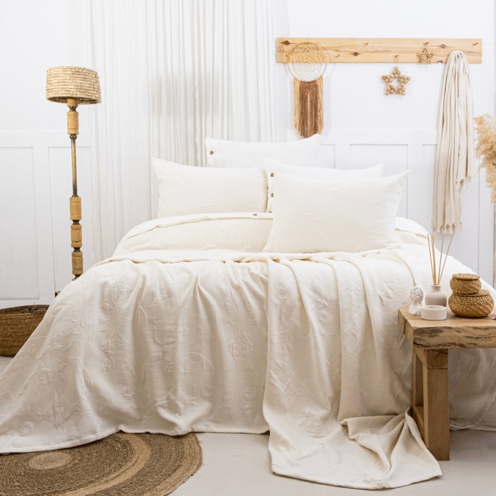 Set cuvertură cu 2 fețe de pernă, 240x260cm/50x70cm, bumbac, Saheser, crem