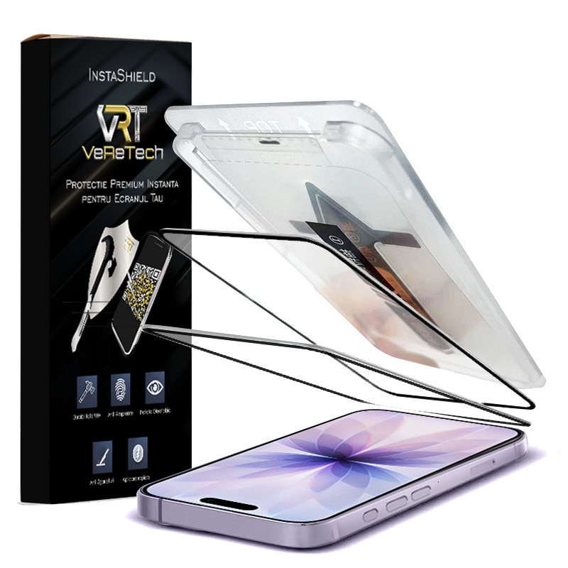 Folie de Protectie Clear, InstaShield by VeReTech pentru iPhone 17, cu Kit de Aplicare Instanta si Functie Automata de Indepartare a Prafului, din Sticla Securizata 9H+, Claritate Super HD, Tratament Electronic Oleofobic si Anti Amprente