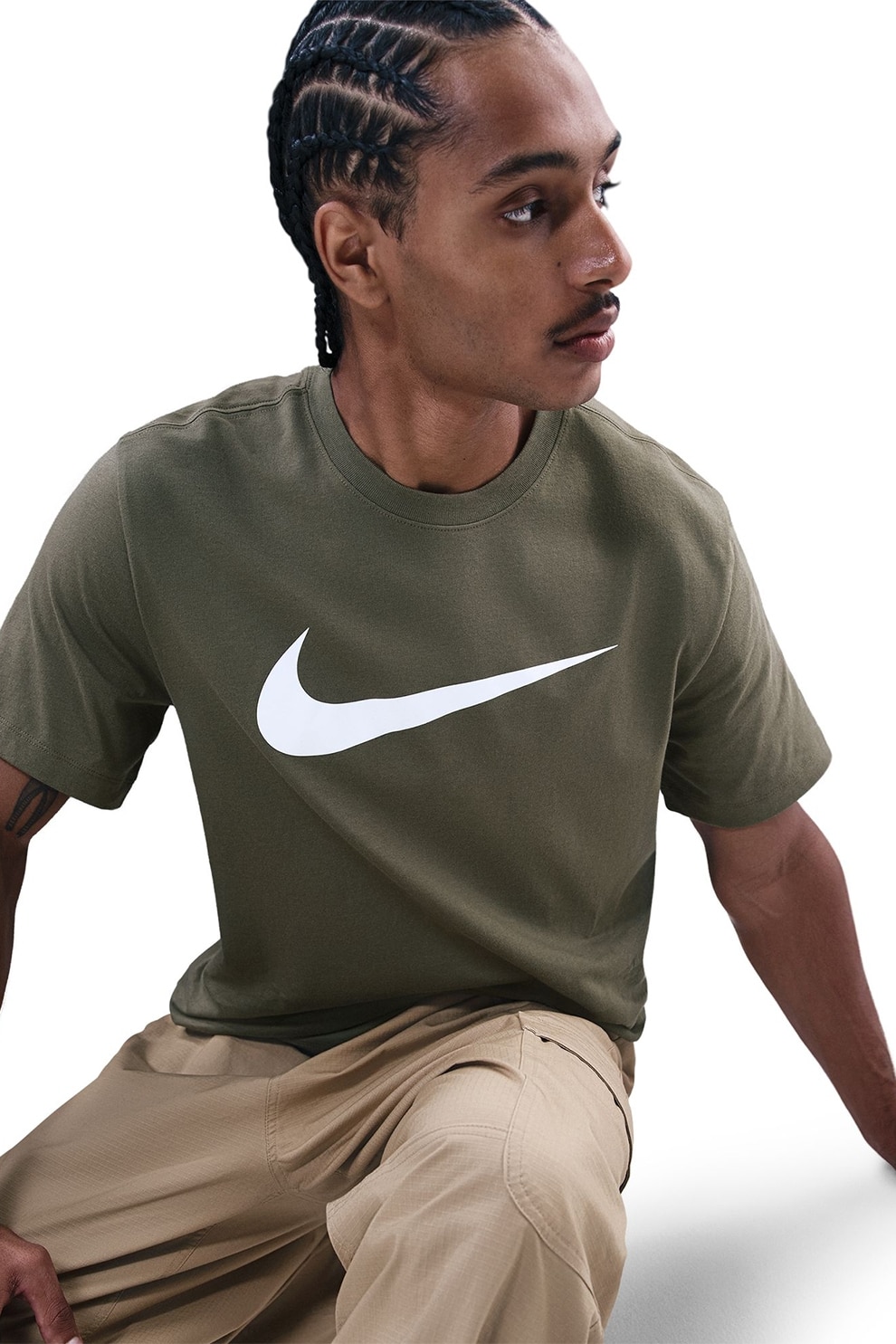 Nike, Tricou cu imprimeu logo Sportswear Swoosh, Alb, Kaki, L
