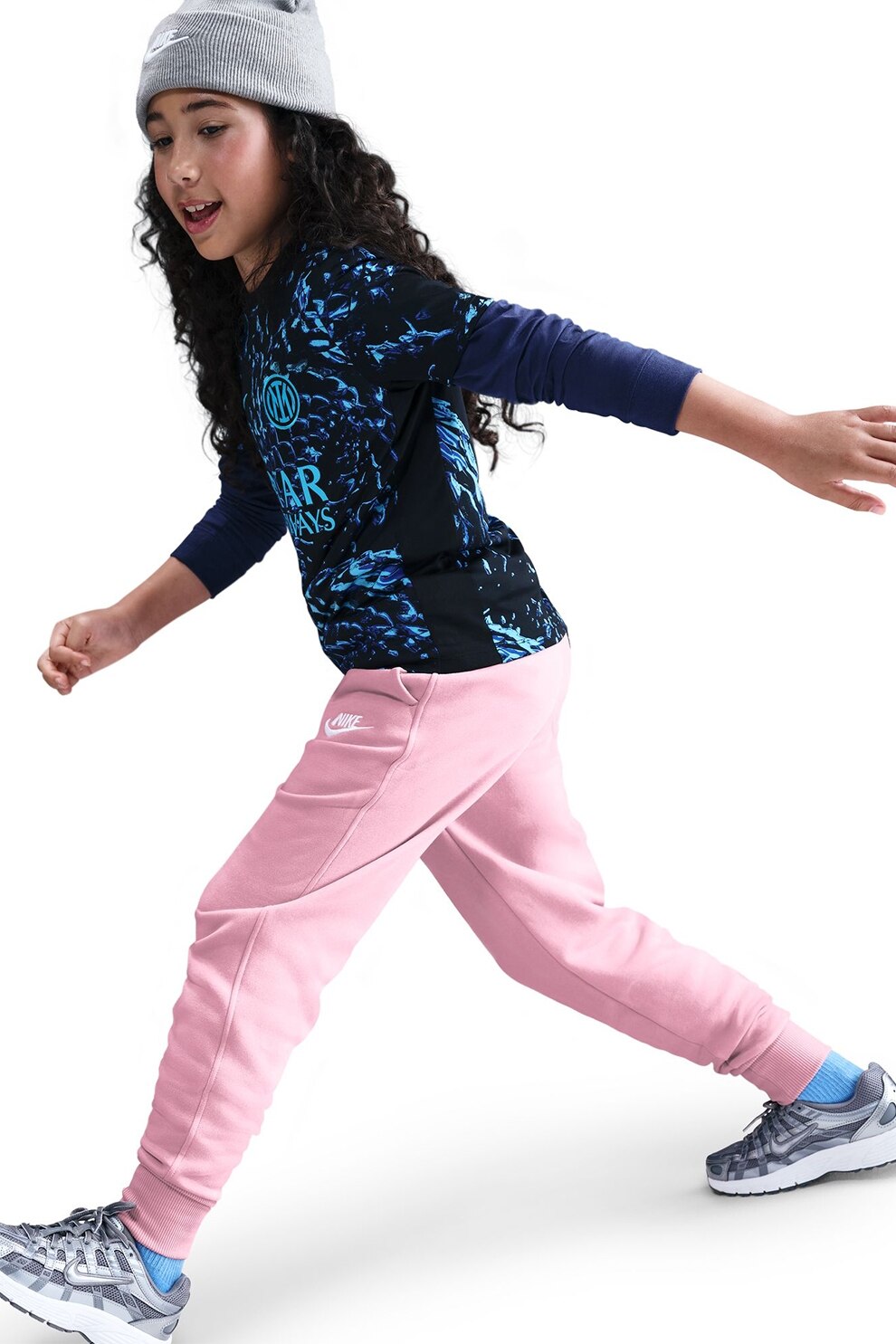 Nike, Pantaloni de trening cu talie inalta si buzunare laterale, Roz pastel, 137-147 CM